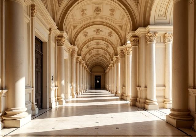 Corridoio architettonico di una storica dimora papale con marmi preziosi